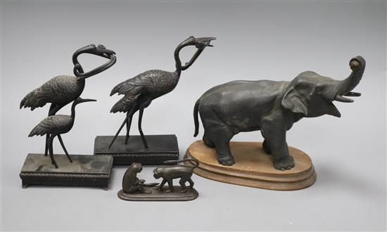 A spelter elephant, two cranes and a monkey group tallest 20cm